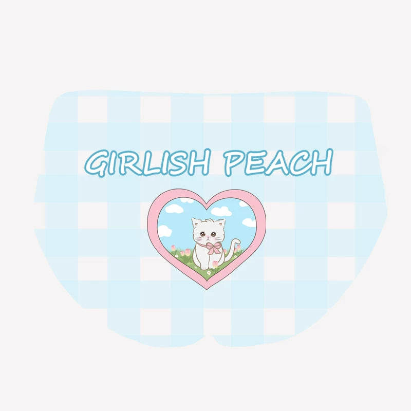 Original Pure-Yet-Sweet Icy-Silk & Cotton Inset Gingham Cat Seamless Boyshorts for Girls — Full-Cover, No-Show, Cute Japanese-Inspired Sexy