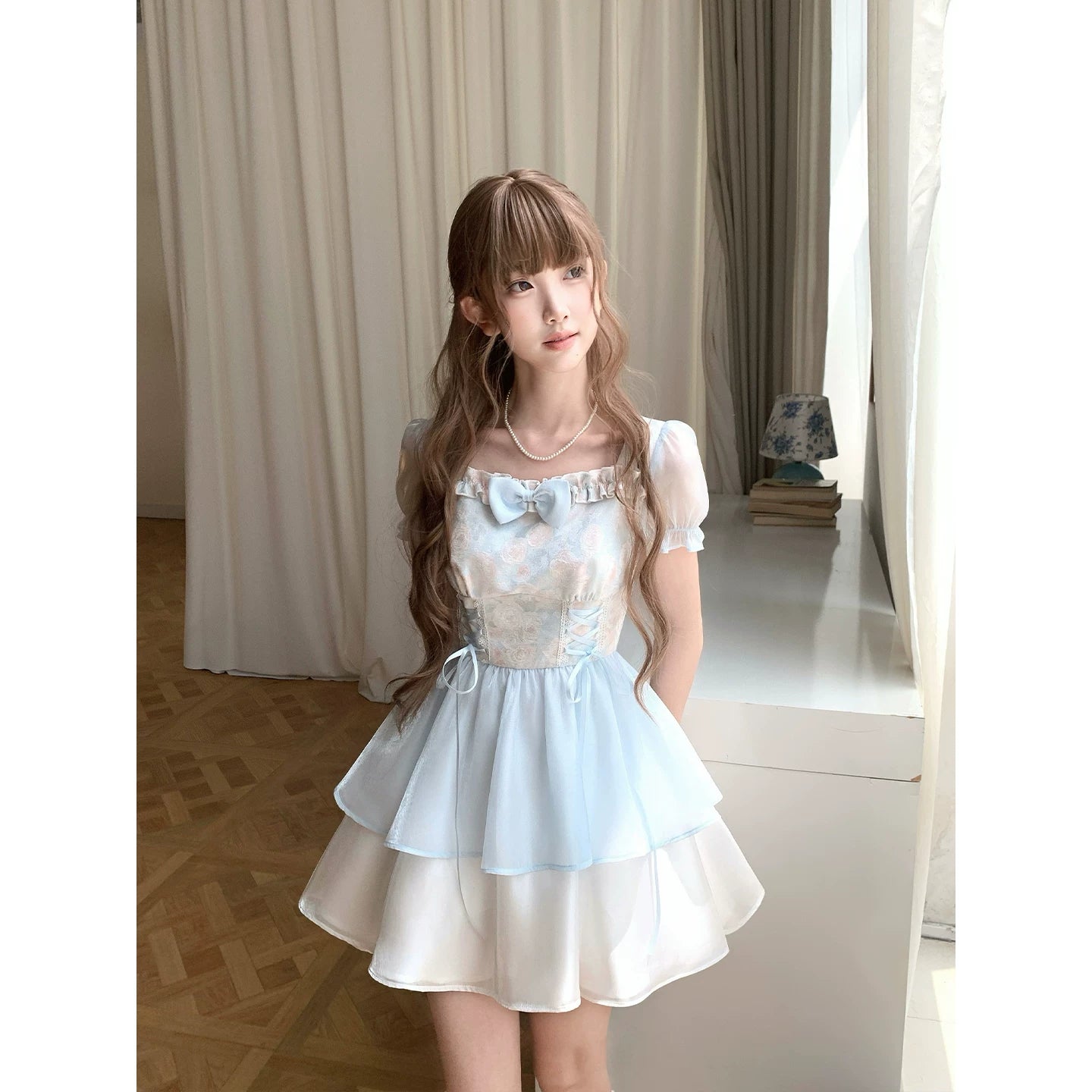 Lala Sauce Blue Moon Series Square-Neck Floral Dress with Bow Tie and Layered Tulle Puff Skirt (Lolita Short Dress)