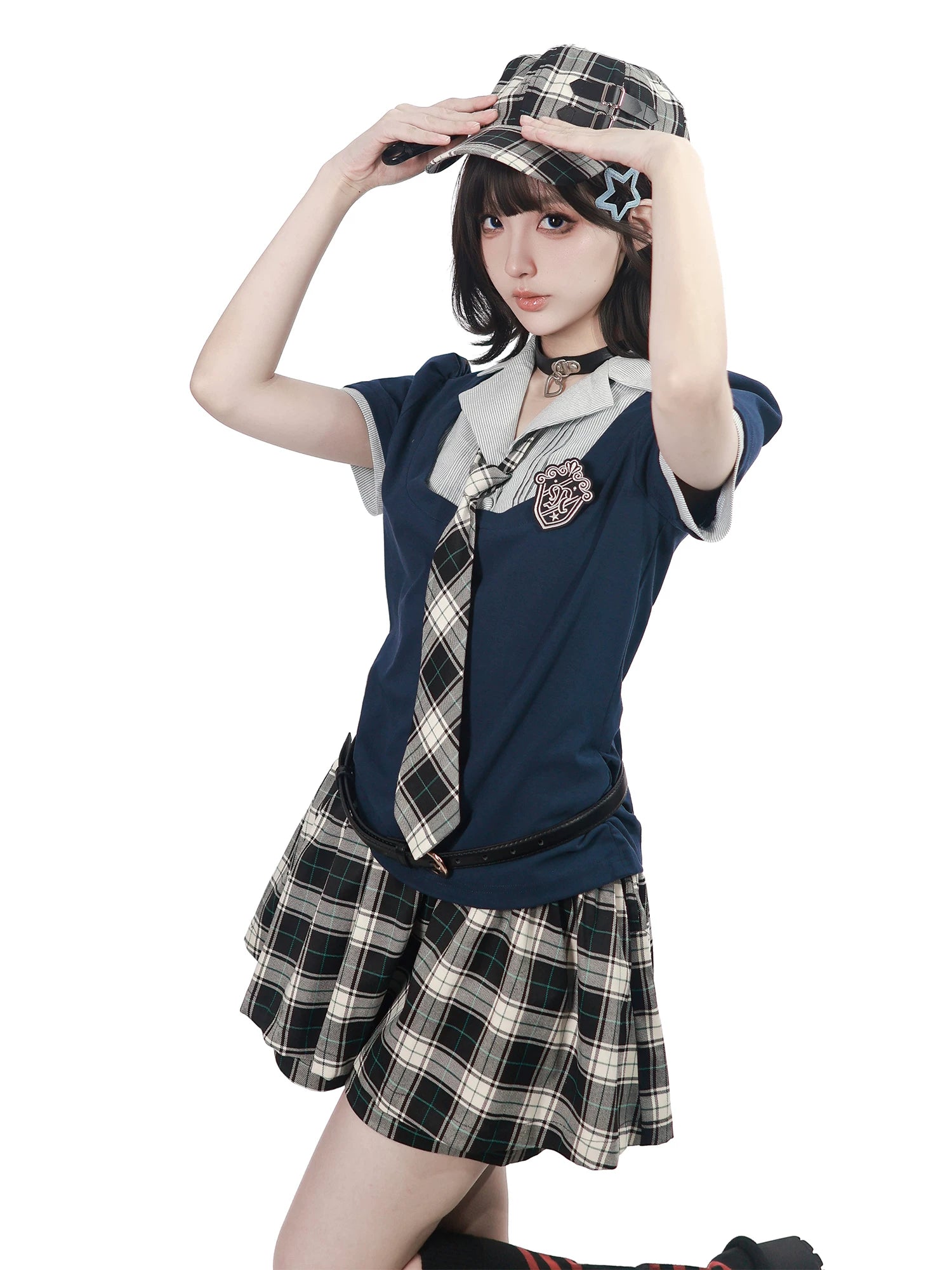 In Stock & Ready to Ship【Bailai Institute】Summer Corset-Waist Three-Color Faux Two-Piece Soft Cotton Top + Plaid Skirt-Pants Set