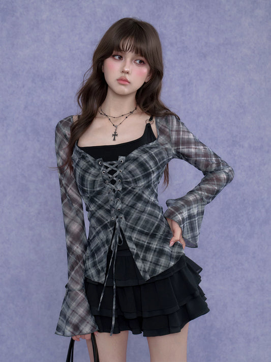 SagiDolls Girls’ Sweet-and-Spicy Pure-Desire Grey Plaid Tie-Strap Off-the-Shoulder Top