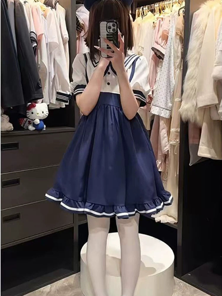 Japanese 2026 Sweet New Academy Summer Dress with Sailor Collar and Butterfly Lace Bow Lolita Princess Dress