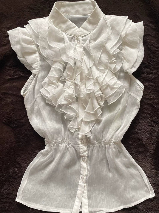 White Ruffle-Trim Elegant Lady-Fit, Soft Flutter Sleeve Shirt, Summer Fitted Waist Slimming Blouse for Women