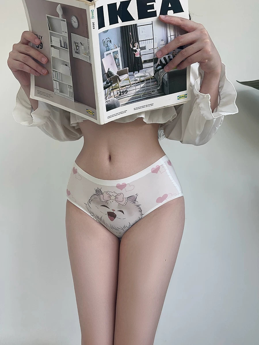Original Cat Ice-Silk Underwear Cotton Gusset Pure-Cute Style Plus-Size High-Waist White Soft Girl Bikini Cute Triangle Panties