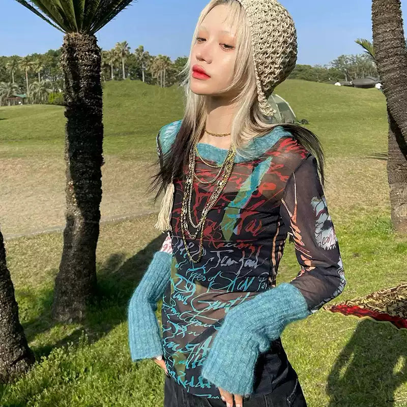 Long-sleeved Mesh Printed Top