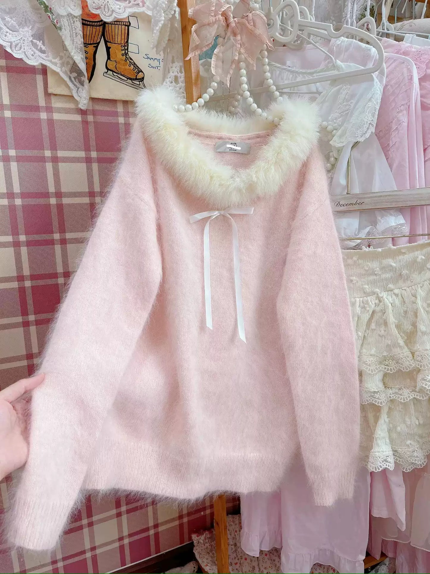 Korean style furry collar pink long-sleeved sweater