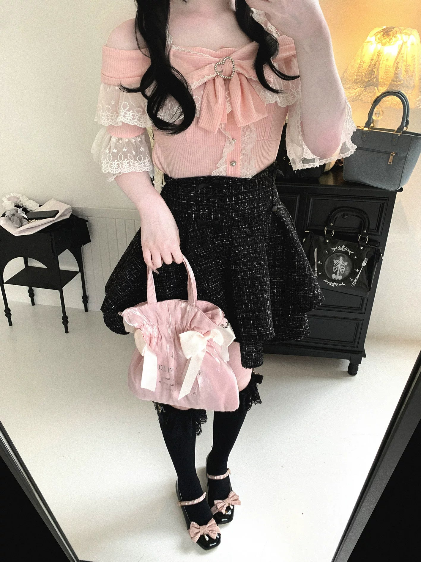 KittyBxllet Original “Minami Shiroyuki” Lace Sheer Cunning One-Shoulder Off-Shoulder Short Sleeve Top