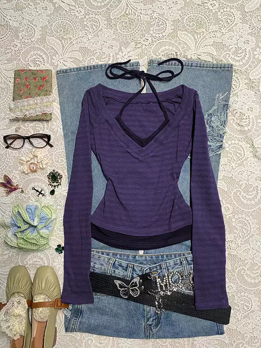 Purple halterneck short-sleeved Top