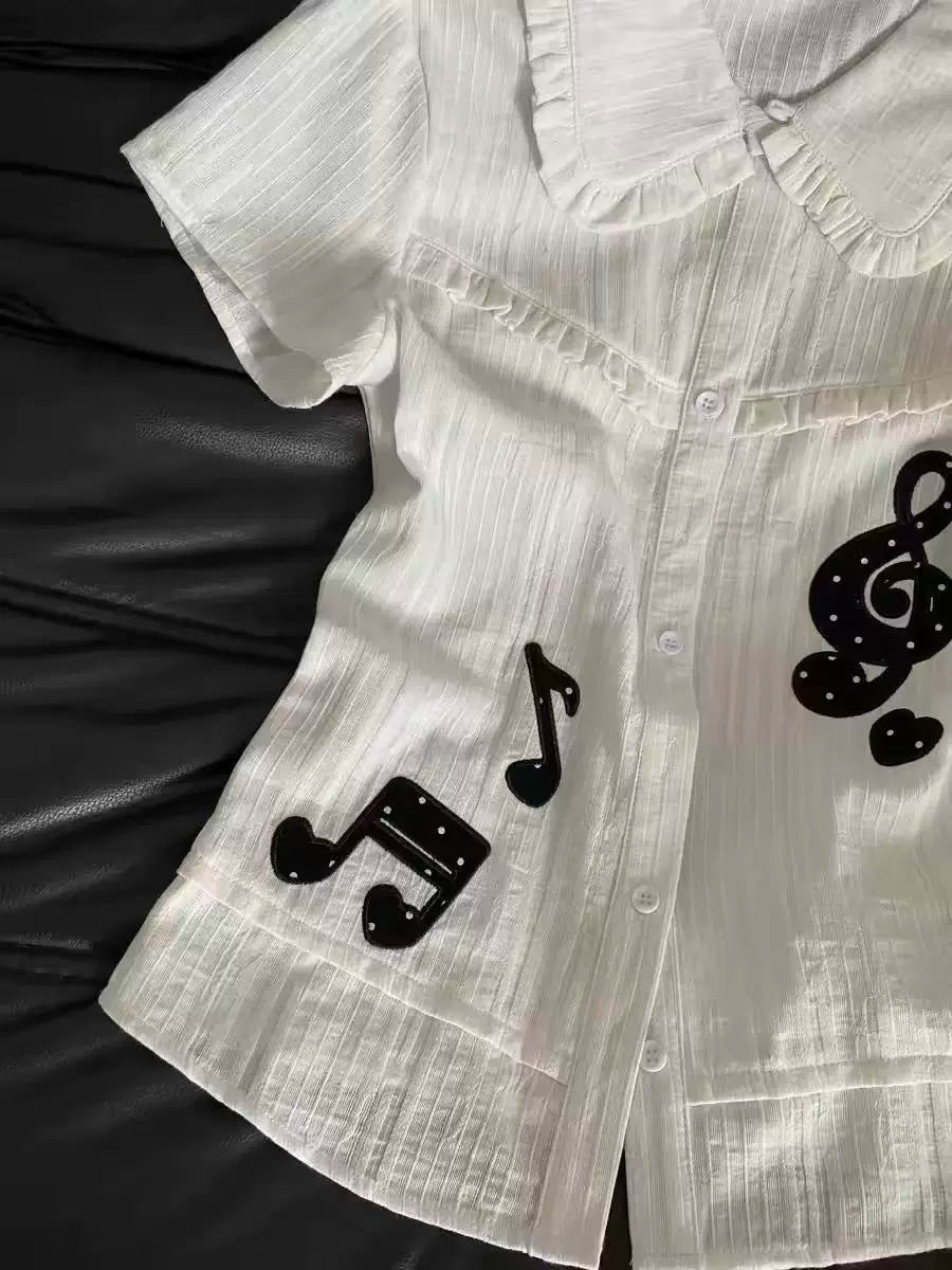 Korean-style Girls’ Note Embroidery White Peter Pan Collar Short-Sleeve Shirt for Women, Summer Light Slim-Fit Blouse