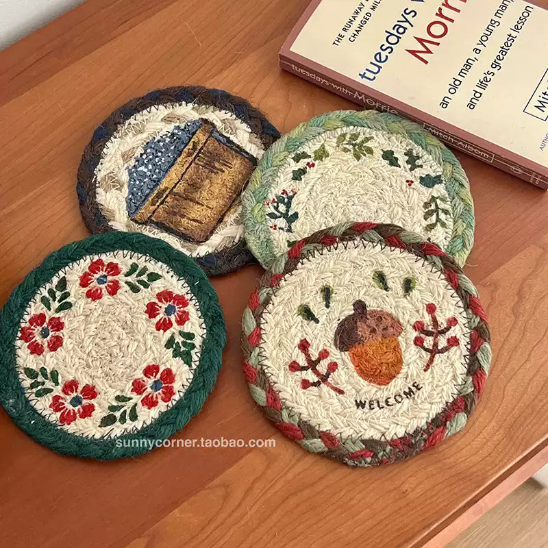 Retro hand-woven jute absorbent coaster