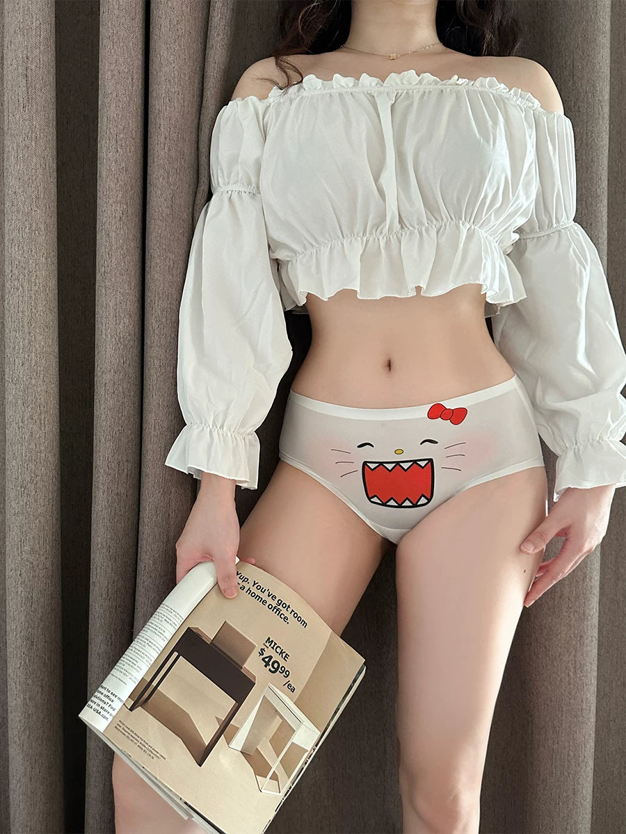 Cute Pure-Yet-Playful Ice-Silk Panties for Girls — Mischievous Cat Cartoon Mid-Low Rise Full-Cover Triangle Thong, Lightweight