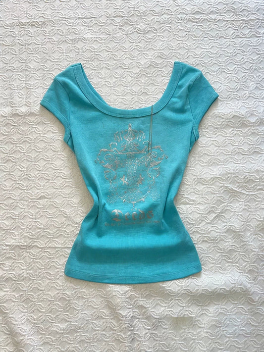 Vintage-Inspired Fitted Slimming Blue Lapel Short-Sleeve T-Shirt for Women Summer Boutique Design Top