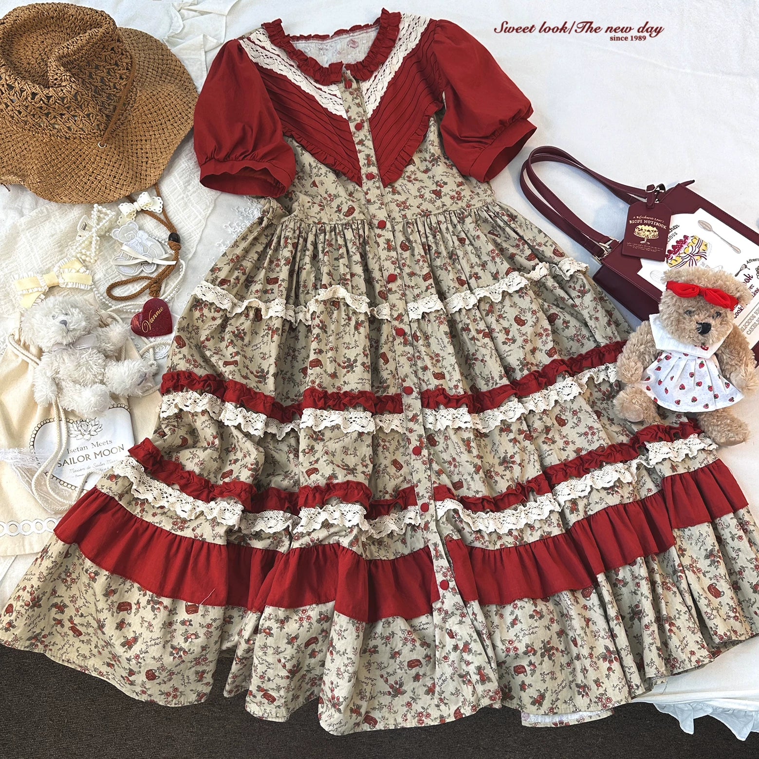 “sleepingdoll Handmade” Printed Fruit Basket Cotton Linen Dress with Long & Short Sleeves, Vintage Elegant
