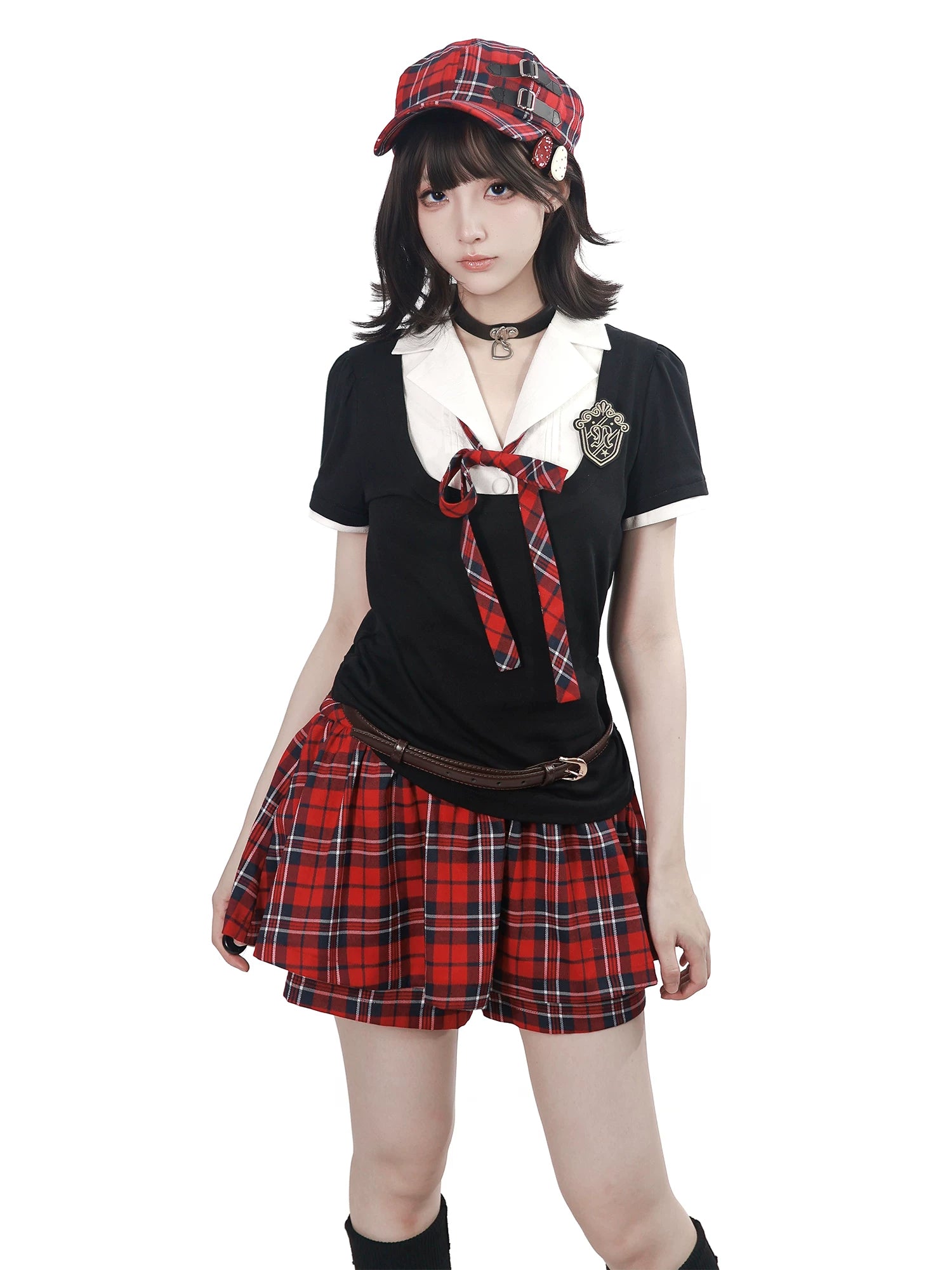 In Stock & Ready to Ship【Bailai Institute】Summer Corset-Waist Three-Color Faux Two-Piece Soft Cotton Top + Plaid Skirt-Pants Set