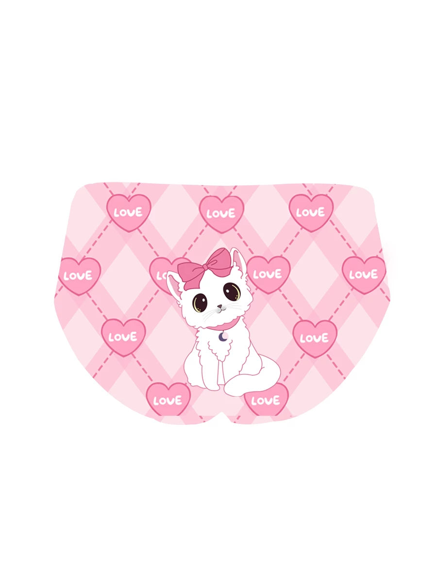 Original Cute Cat Ice-Silk Underwear for Girls, Cotton Gusset, Cartoon “Pure-Desire” Sexy Hip-Embracing, Mid-Low Rise, Heart & Diamond Pattern