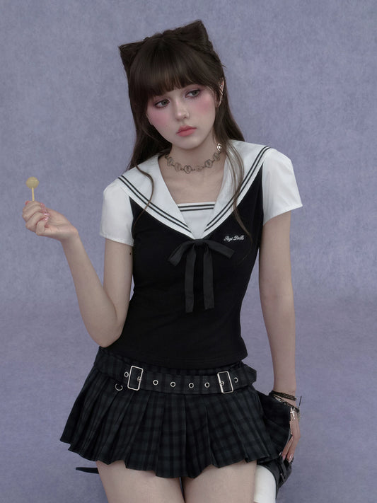SagiDolls Girls’ Sweet & Spicy Y2K College Style Black-and-White Sailor Collar Top Fitted Flattering Slimming Versatile for Summer