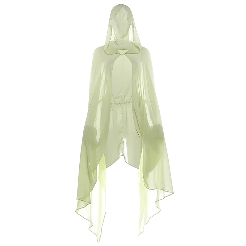 KLIOU Forest-Inspired Cool-Toned Soft-Mist Green Figure-Hugging Cami Dress with Hooded Shawl Set - Green Shawl 85594