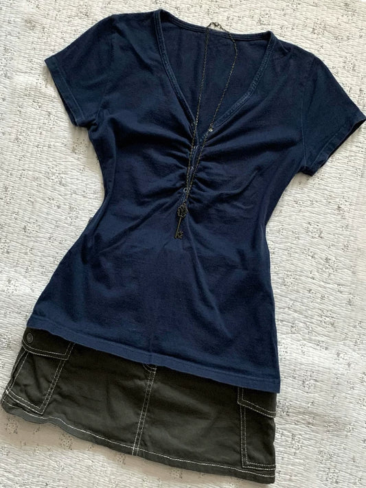 Blue Waist-Skimming V-Neck Short-Sleeve T-Shirt for Women by Baye Young Girl (Original Design) — Summer American Vintage-Inspired, Distinctive Boutique Top