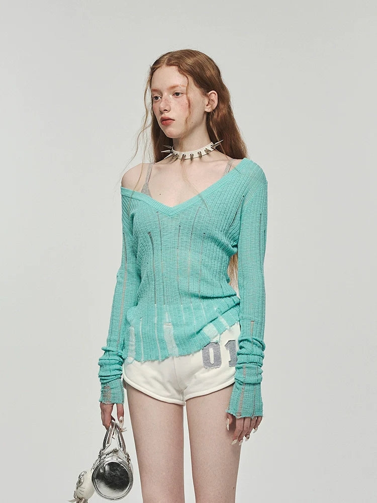 Hollow-Out V-Neck Thin Cardigan With Distressed Waist Knit Top