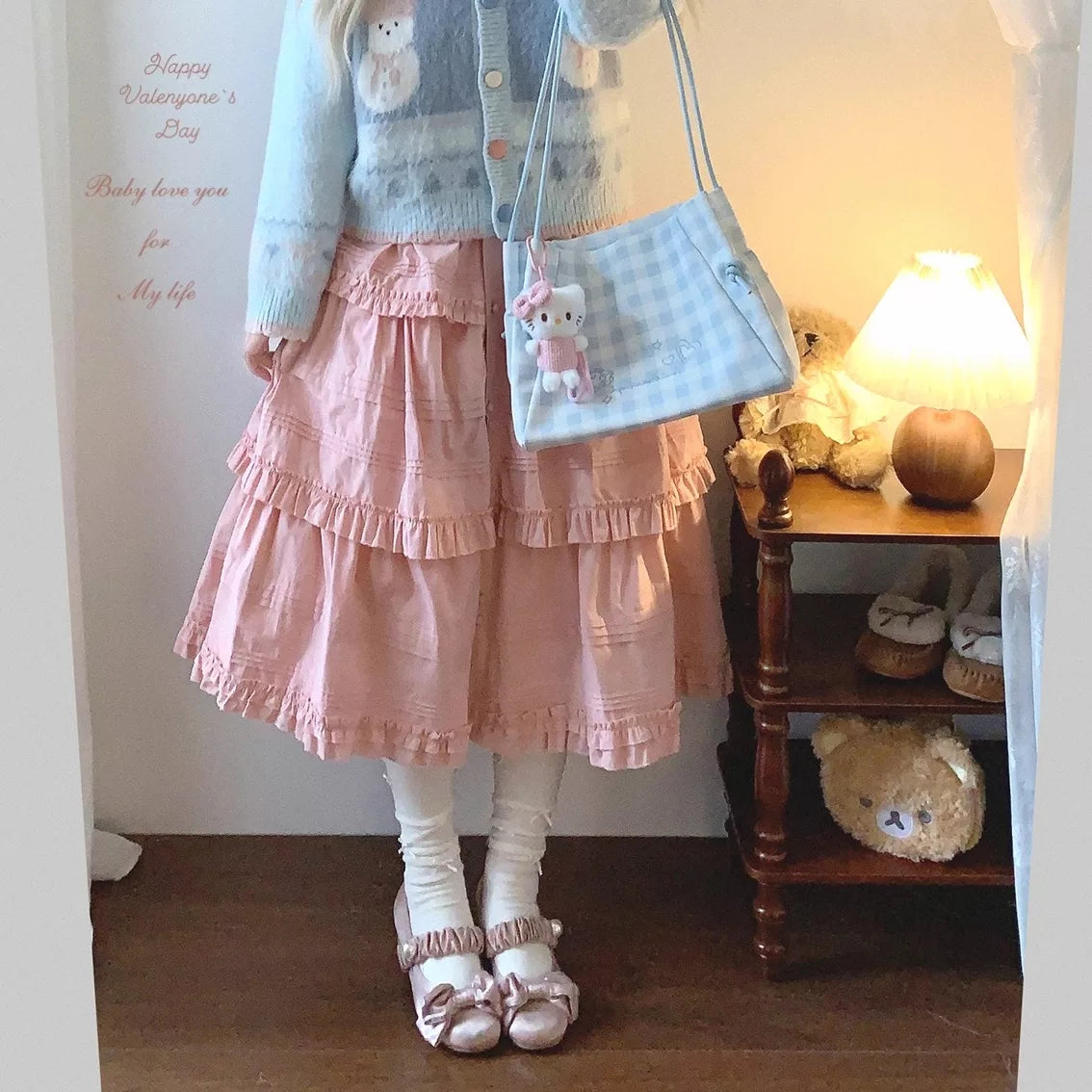 sleepdoll Handmade “Miao Hua Zhi Yuan” Woodland-Inspired Single-Button Sweet Solid Color Pleated Tiered Ruffle Skirt