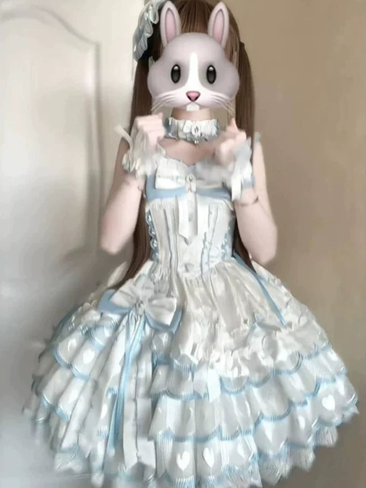 Blue-and-White Ballet Lolita Dress JSK Day Dress for Everyday Wear, Dog Short Train, Bowknot, Sweet Princess Lolita