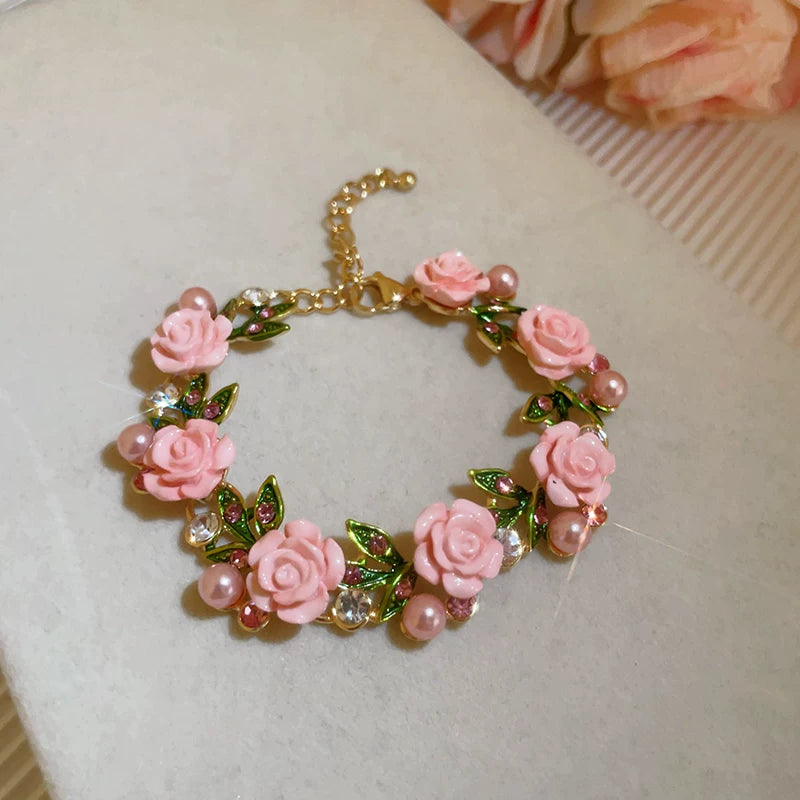 Pearl Collar Necklace with Pink Flowers for Women, Bold Statement Neckwear, 2026 New Fashion Accessory - Pink Flower Pearl Bracelet