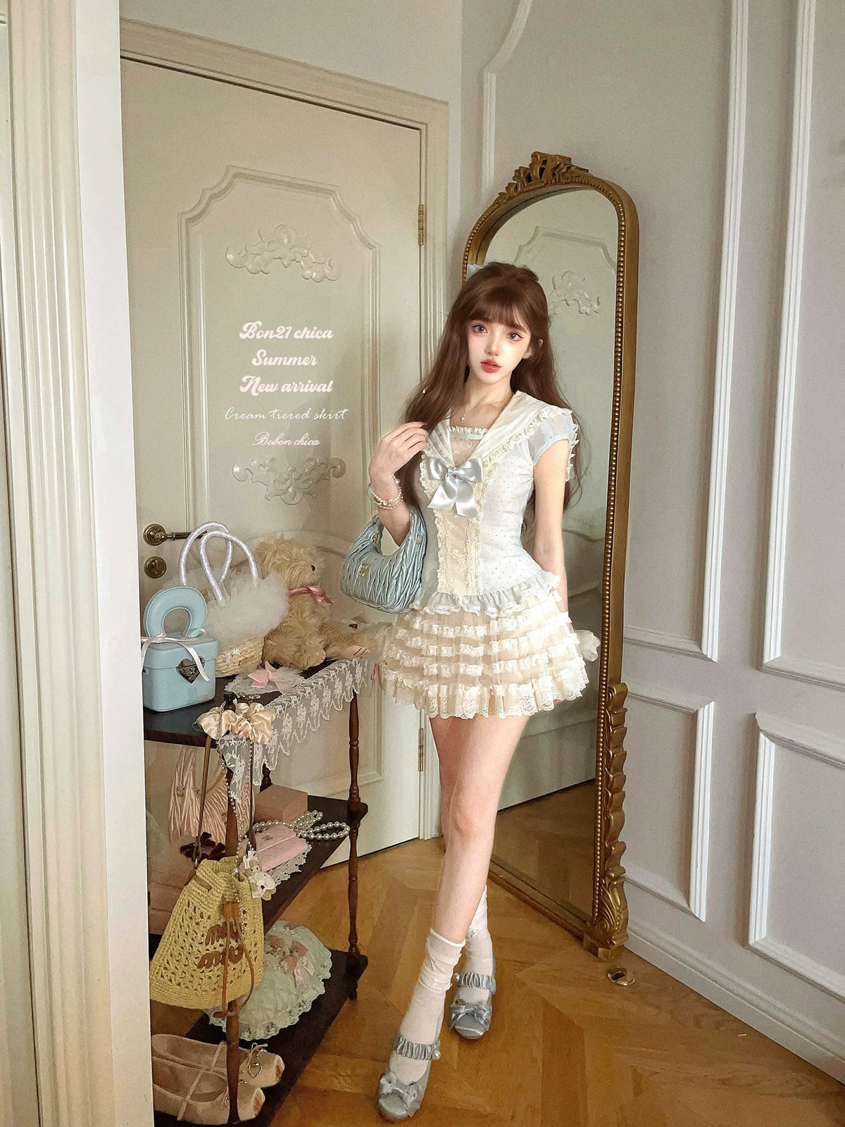 Rima Bobon21 Idol Sailor Sparkling Navy-Style Chiffon Top T2409