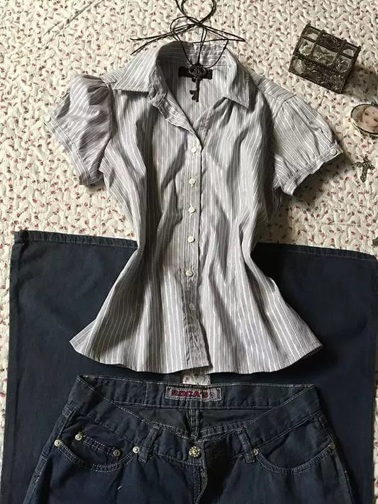 Grey Striped Shirt 2026 Summer Chiffon-Inspired, Slimming Short-Sleeve Top