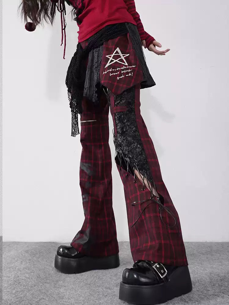 strappy hollow red and black plaid leather trousers
