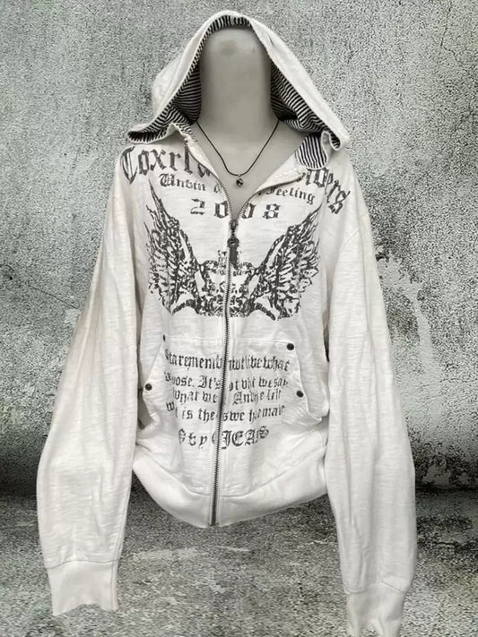 retro white printed hooded jacket