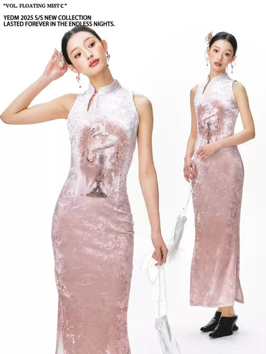 New Chinese Style Velvet Long Cheongsam Dress