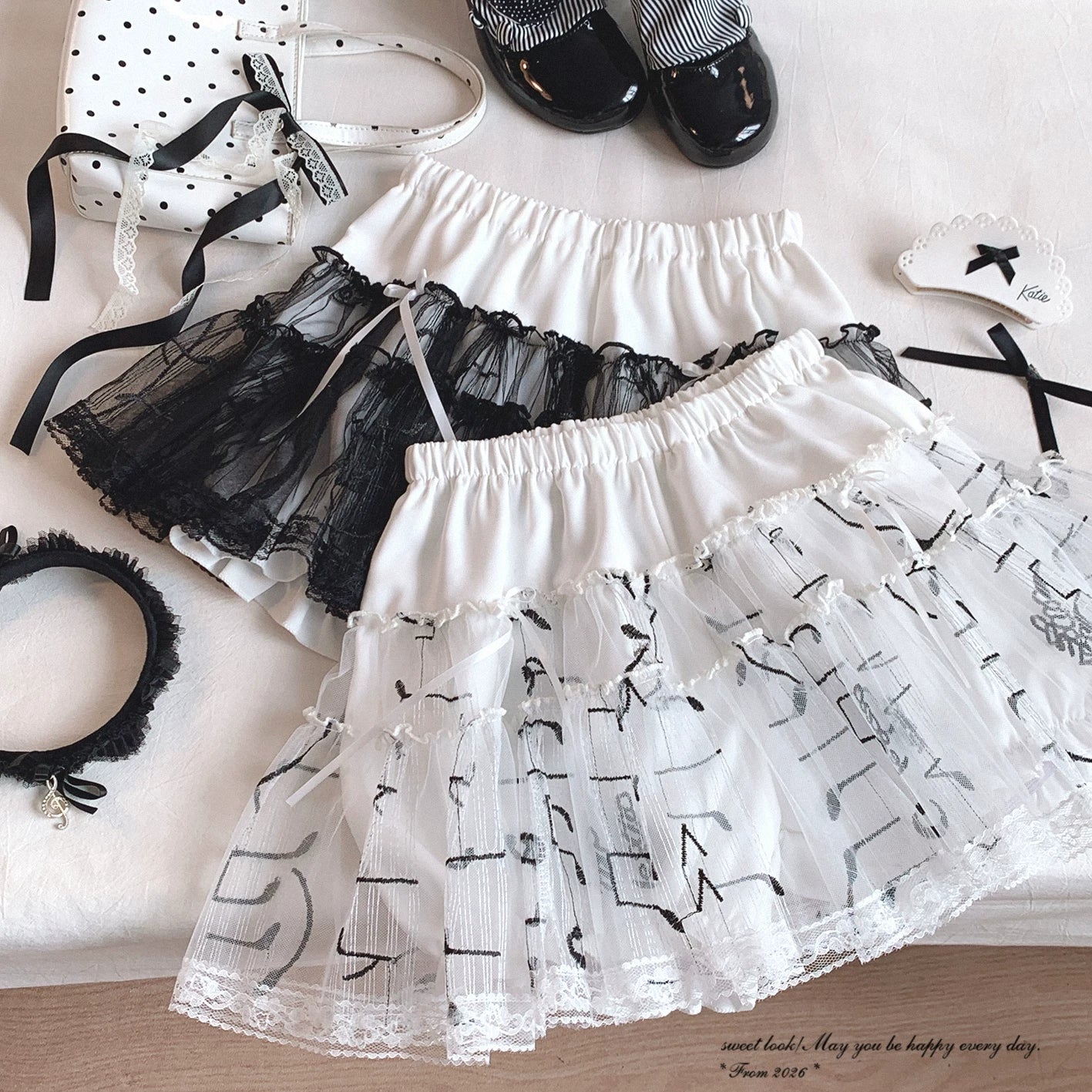 Sleepingdoll Handmade Satin Ribbon Butterfly Bow Music Note Lace Tulle Cake Skirt Half Skirt