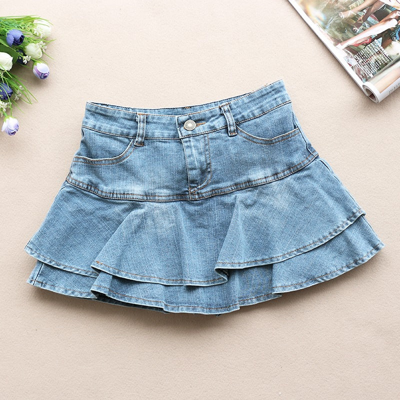 Retro Ruffled Hem Denim Skirt