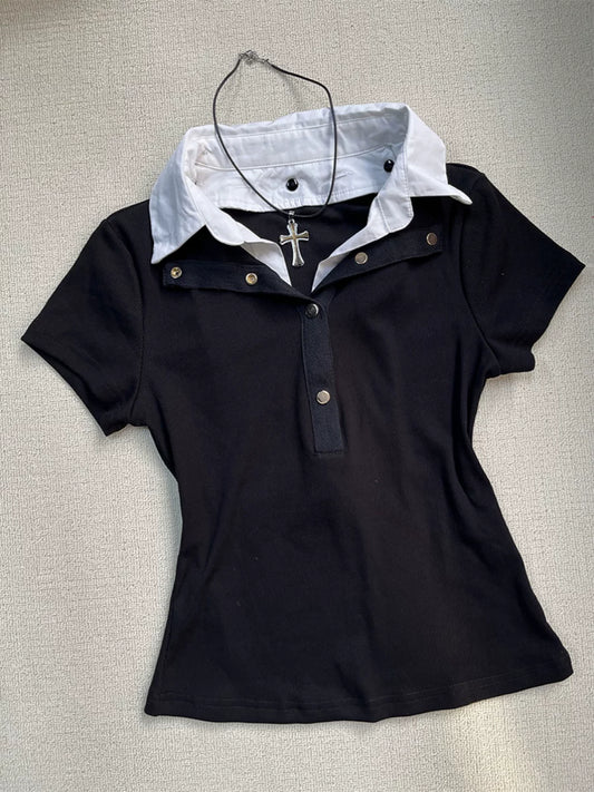 Black Shirt Collar Faux Two-Piece Design Short-Sleeve T-Shirt for Women—Trending This Year, Pretty & Stylish Top