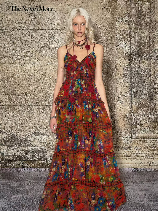 Fireworks Burning Retro Strap Floral Dress