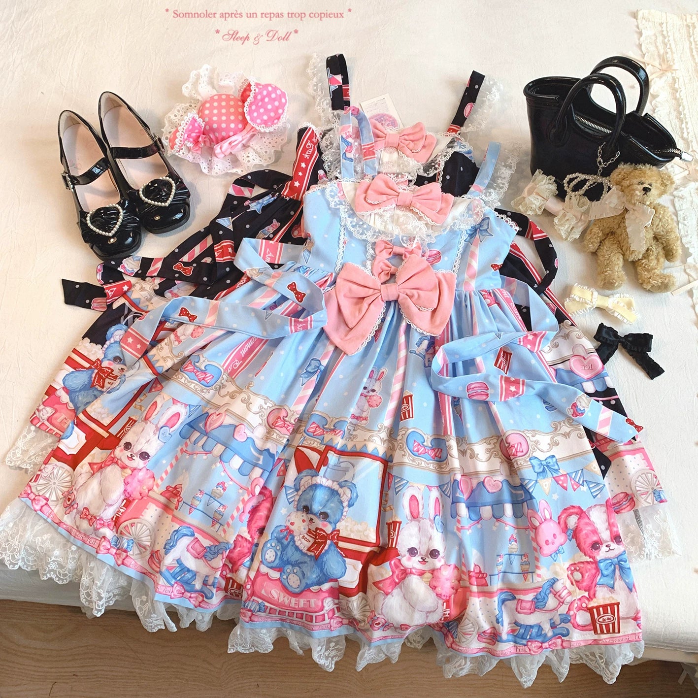 Last-Call BTSN Adorable Popcorn Bear & Bunny Print Patchwork Lace Bow Lolita Dress *f