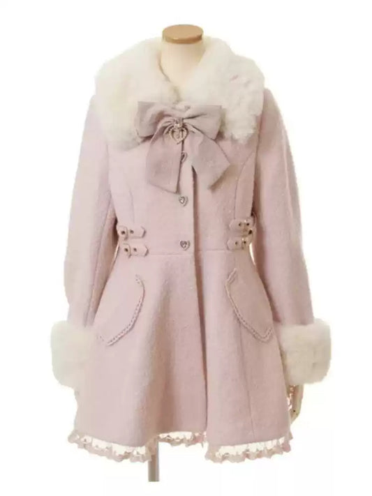 Japanese sweet bow mid-length woolen coat