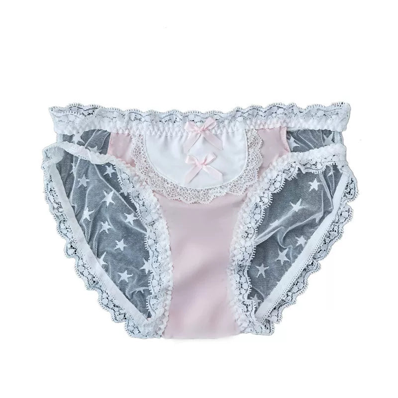 Japanese Lolita School Uniform Maid Ice Silk Panties (Dark Low-Rise) with Bow, Lace Lolita-Style Triangle Panties