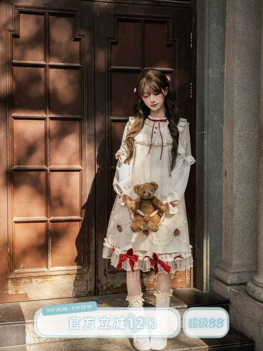 [In Stock] LaLa Sauce Strawberry Cream Cake Light Lo Li Doll Dress Vintage Early Doll Vibe OP Long-Sleeve Dress