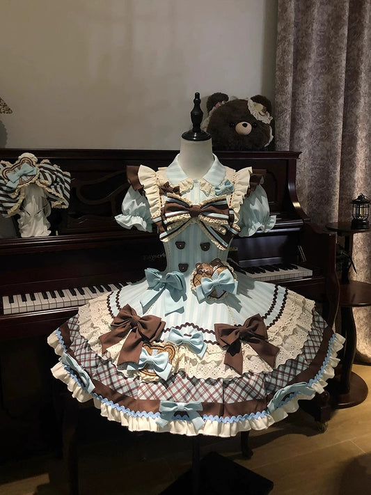 Little Bear Biscuit Cute Sweet Lolita Dress OP Mini Dress Short Sleeve Bow Puff Princess Dress