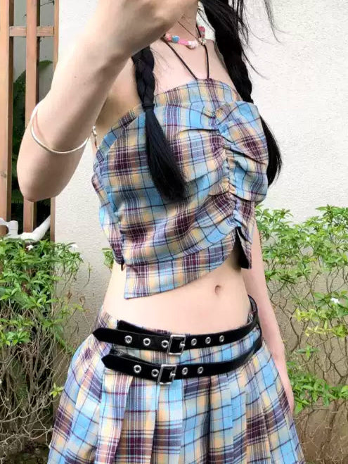 Plaid waist tie belt metal irregular pleated culottes
