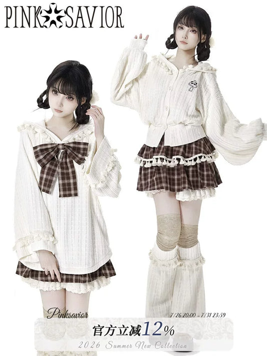 Pinksavior “Warm Warm” Spring Breeze Bell Panda Knit Jacket with Fleece Lining, Brown Grid Check
