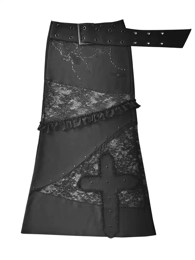 Lace stitching dark low slim straight skirt