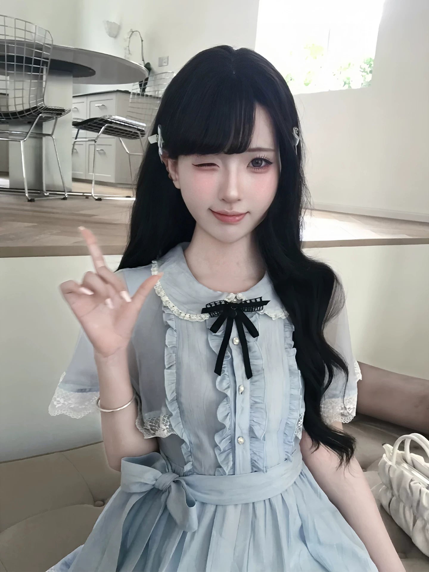 LaLa Sauce YU Qingxia Clear-Style Blue Girls’ Lace-Detailed Chiffon Cape Dress with Waist Cinching Sweet Princess Silhouette
