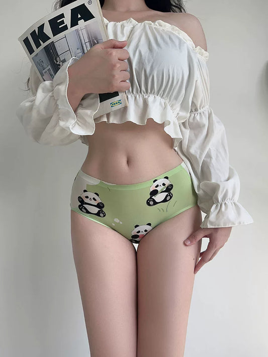 Original Pure-Desire Adorable Panda Ice-Silk Seamless Hipster Underwear for Girls, Cotton Gusset, No-Trace Lightweight Stretch Triangle Panties
