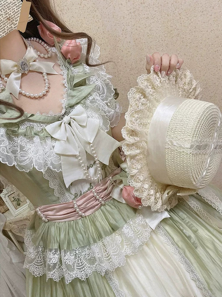 Green-Pink Floral Elegant Glamorous “Madam” Short-Sleeve Lolita Dress, Embroidered Heirloom Lolita Sweet Princess Outfit