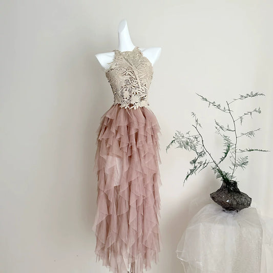 Miou Handmade “Lilian Tea Party” Off-Shoulder Lace Tulle Dress for Women, Summer Asymmetrical Hem, Tea Party Long Dress 2-Piece Set