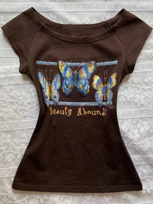 Vintage Off-Shoulder All-Match Brown Floral Print Top—Statement Design, Unique Short-Sleeve T-Shirt for Summer