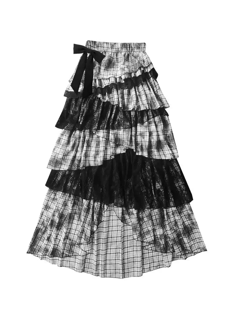 dark coquette lace splicing plaid cake multi-layer irregular long skirt