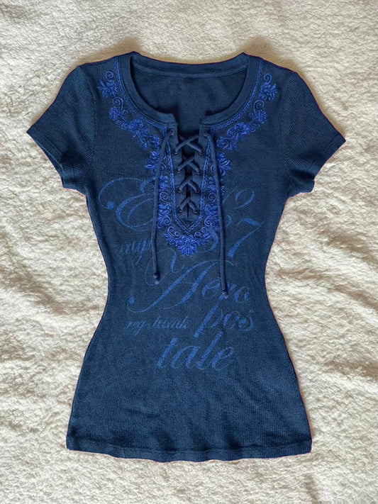 Blue Vintage Literary Tie-Up Embroidered Short Sleeve T-Shirt for Women Summer Small-Scope Waist-Cinching Slimming Top