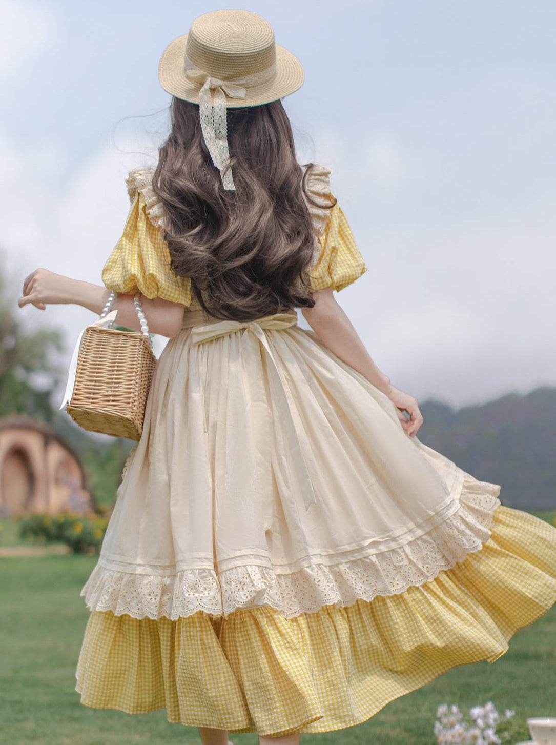 【Pre-order item】Retro Girly Yellow Dress + Apron + Ribbon